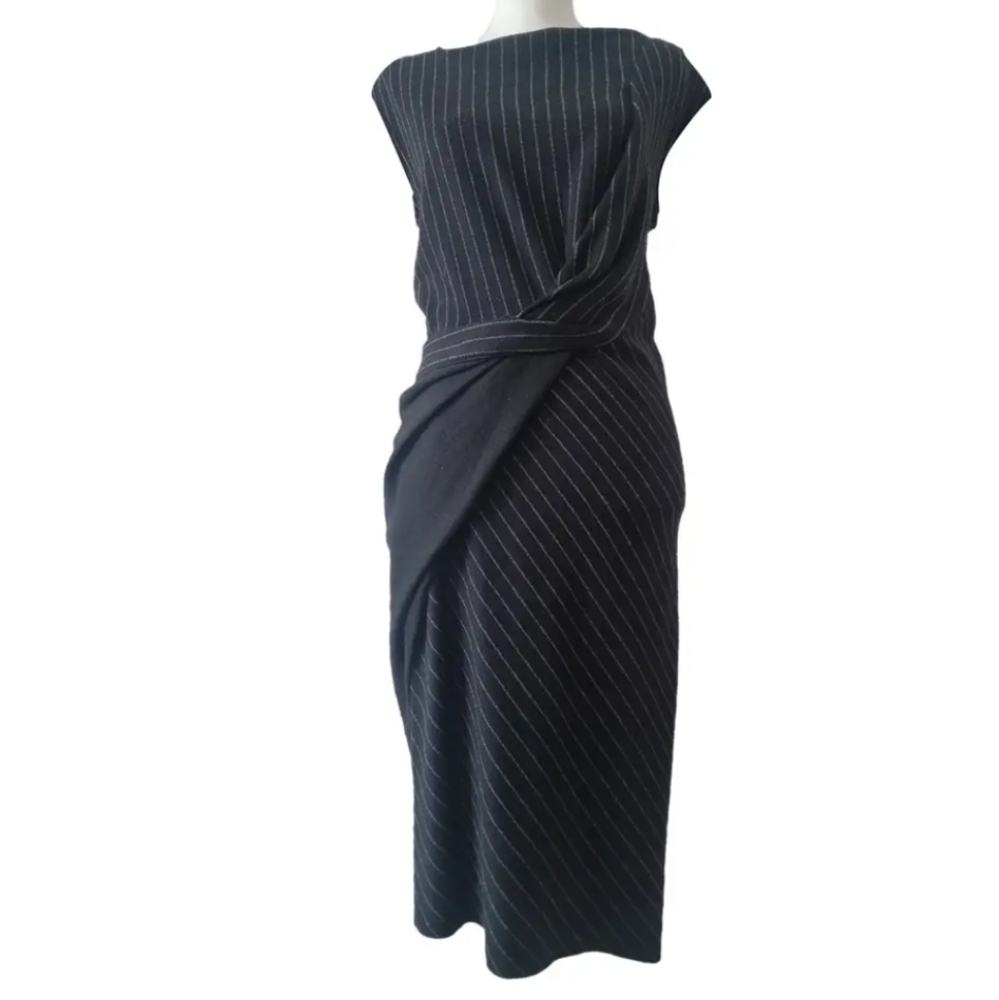 MaxMara Black Pinstripe Draped Sheath Dress